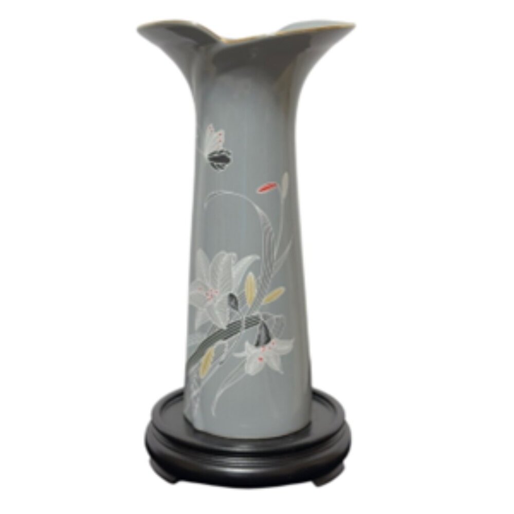Fine China Japan Grey Vase White Lily‎ Butterfly Gold Trim